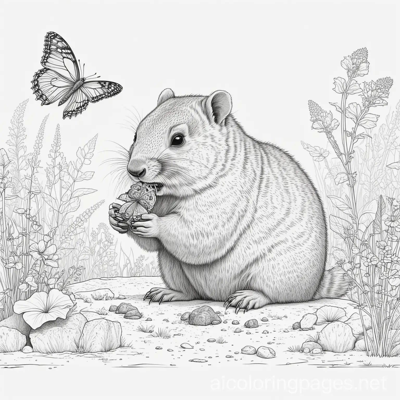 ground hog eating a butterfly, Coloring Page, black and white, line art, white background, Simplicity, Ample White Space. The background of the coloring page is plain white to make it easy for young children to color within the lines. The outlines of all the subjects are easy to distinguish, making it simple for kids to color without too much difficulty