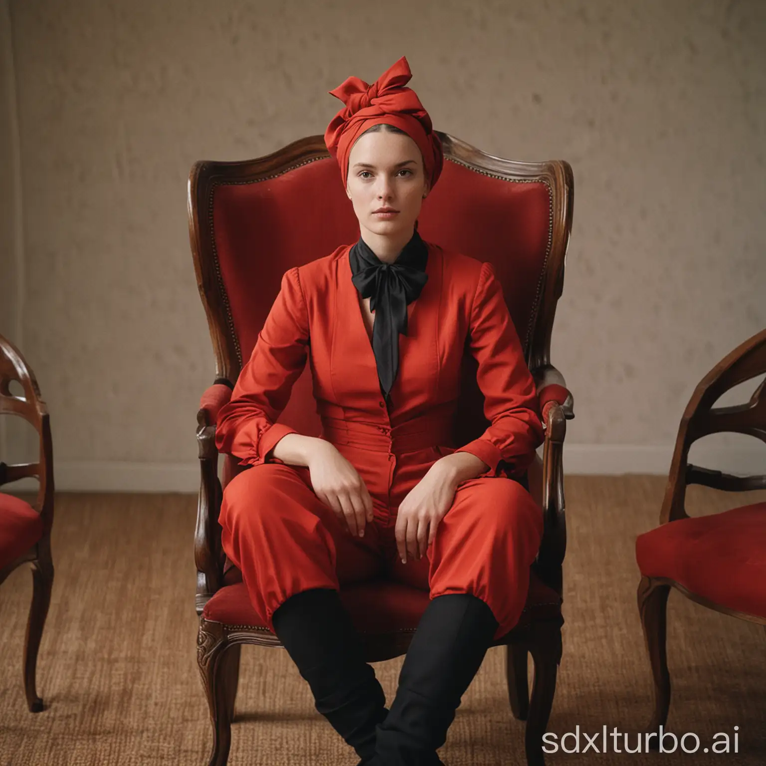 film grain analog photography,poised woman fair complexion, dressed vibrant red jumpsuit full sleeves black collar detail, sits elegantly crimson chair, duplicated chairs adjacent, forming coherent row; red headscarf encases hair,,