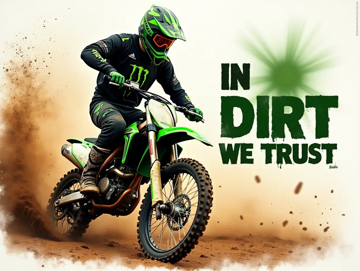 Create an image of a motocross rider in action, riding a green dirt bike through a muddy terrain. The rider should be wearing a black and green racing suit with a helmet and goggles. The scene should capture the dynamic motion of the bike, with dirt and mud flying in all directions. The background should be a mix of dust clouds and scattered dirt particles. Include the bold text 'IN DIRT, WE TRUST' prominently in the upper right corner of the image. The overall style should be intense and energetic, emphasizing the thrill and excitement of motocross racing. Alcohol Ink painting