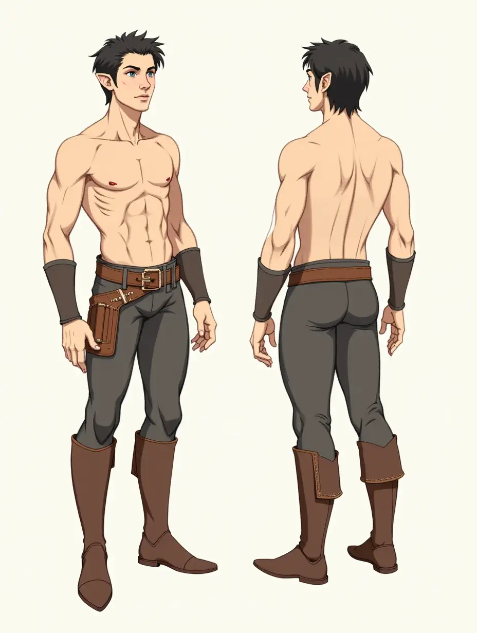 Create an image from the following: a character design in pencil sketch style of a shirtless male elf wearing leather breeches and high leather boots; he is in a full body pose, front view and back view; his hair is dark and his eyes are gray; use a color palette composed of autumnal colors.