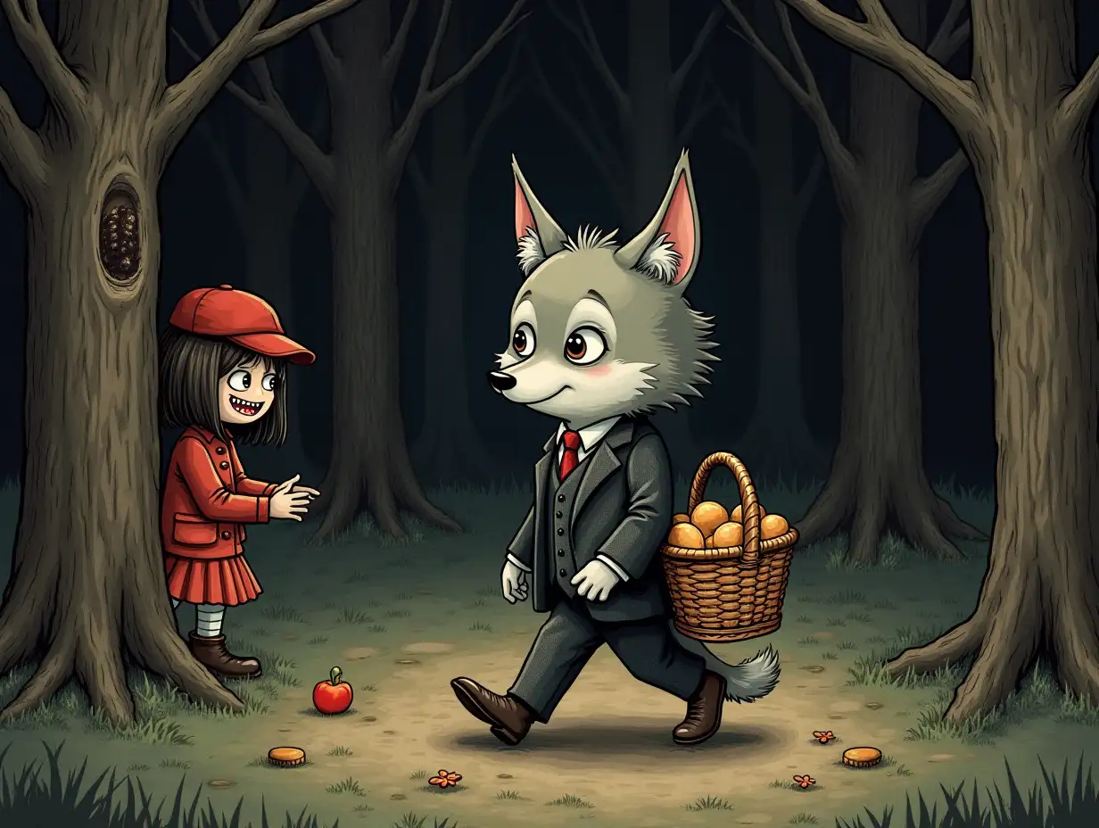 A little wolf in a neat, clean suit is walking through a dark forest carrying a wicker basket with pastries. A girl dressed as a maniac hiding behind a tree watches the wolf, wearing a red cap and baring her teeth (showing fangs). An ironic drawing.