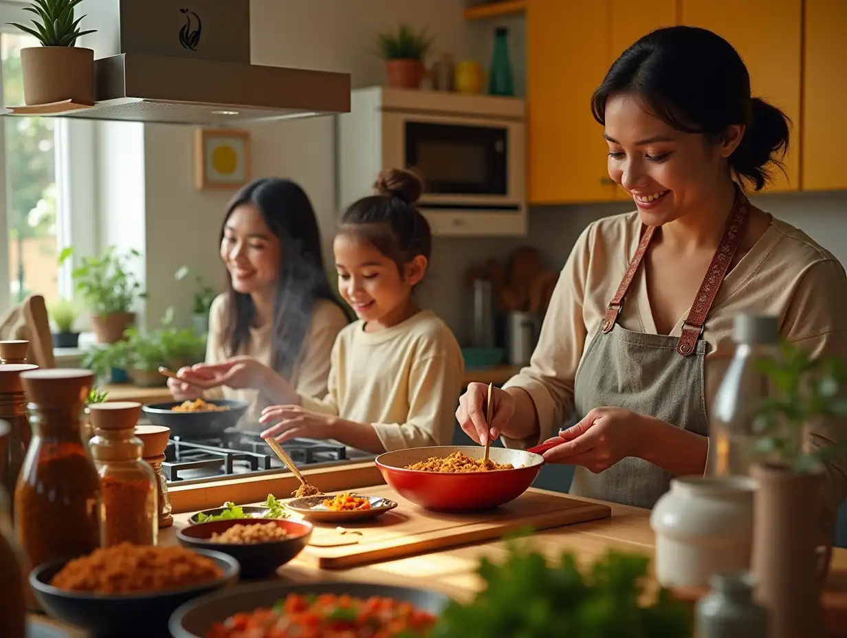 Show a vibrant kitchen scene in a modern Canadian home, where a family is cooking an Indian dish using Aditi’s spice kit. Include visual elements like open spice jars, aromatic steam, and traditional Indian cookware. In another frame, show a smiling Australian chef showcasing the spice kits in a cooking class. Use bright lighting and colors like yellow and red to signify warmth and energy. Add flags of Canada and Australia subtly in the background to represent global reach.