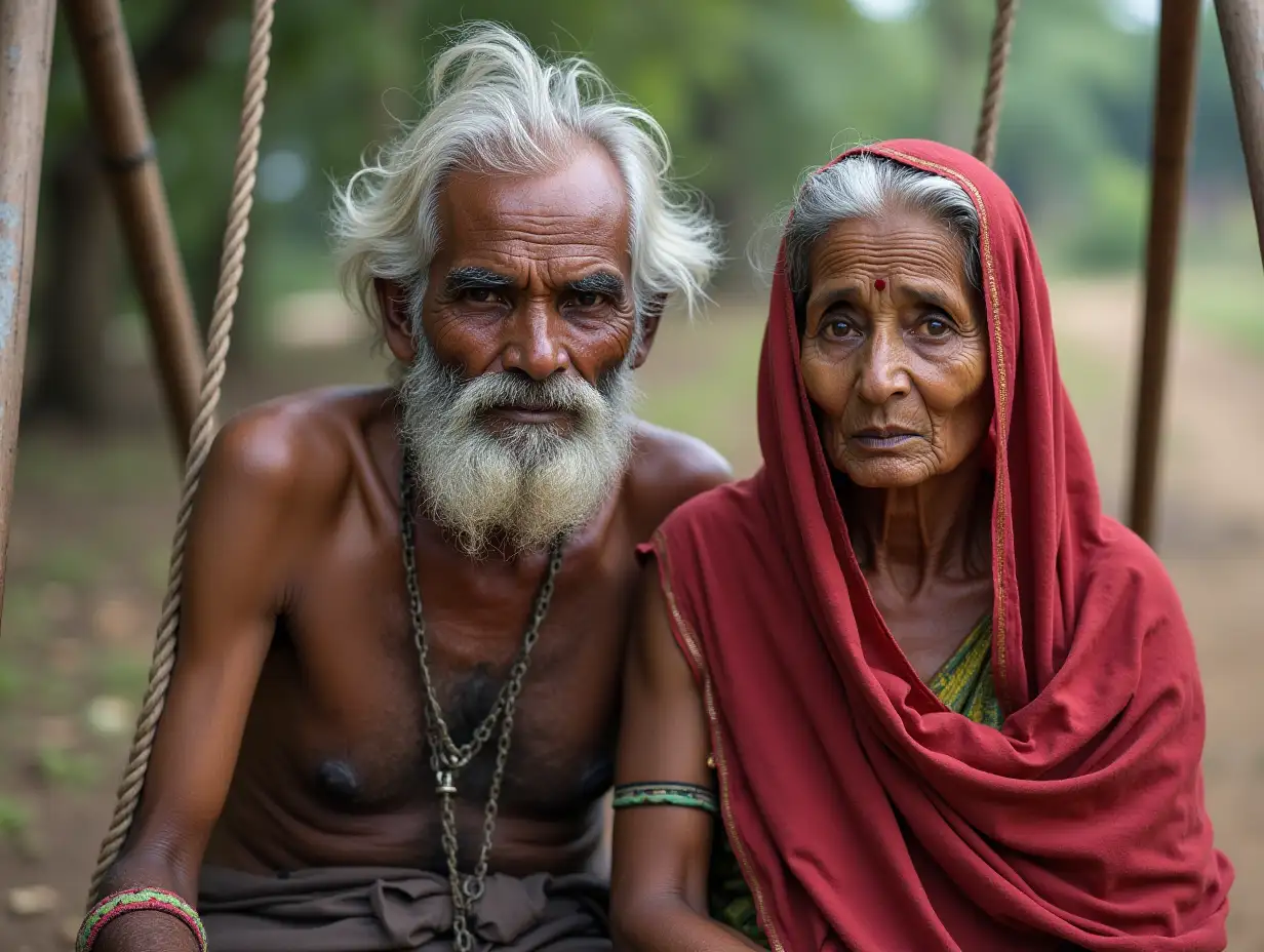 A elderly Indian man and an elderly Indian woman, completely poor clothing, shabby and sweating on their faces. A swing in the background.