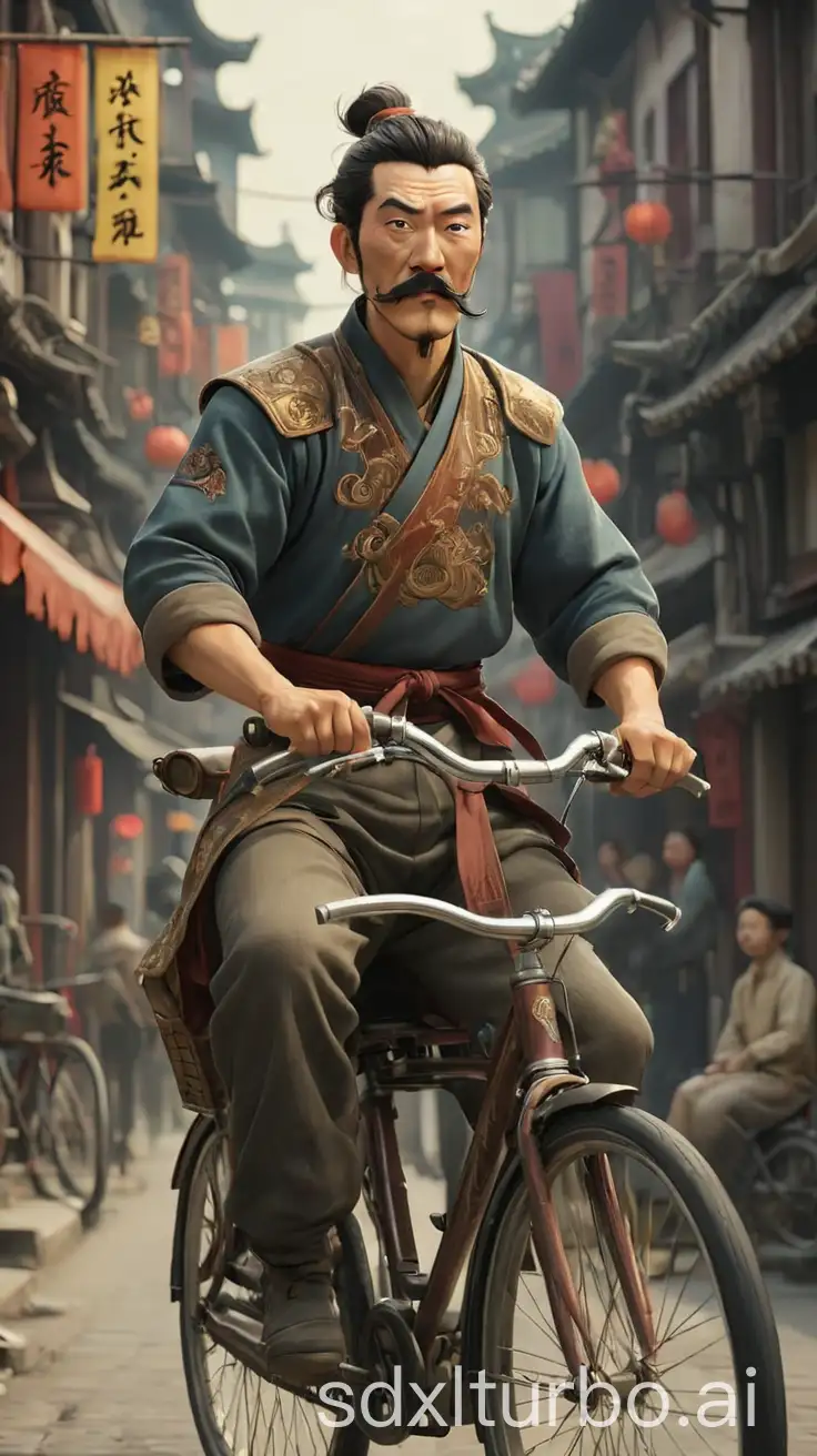 A mustached Zhang Fei riding a bicycle through the prosperous city street