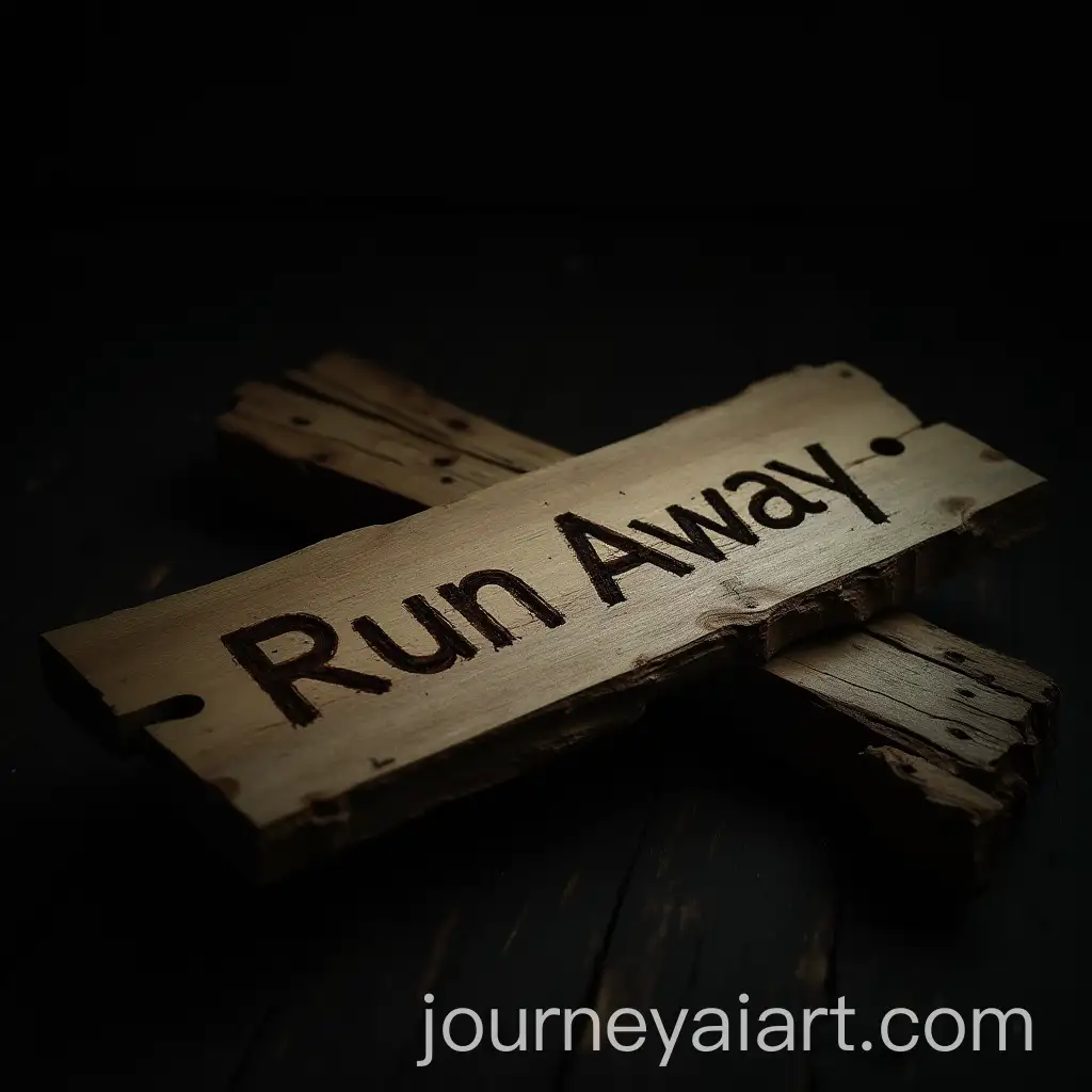 Broken-Wooden-Plank-with-Run-Away-Scratched-Into-It-in-a-Dark-Room