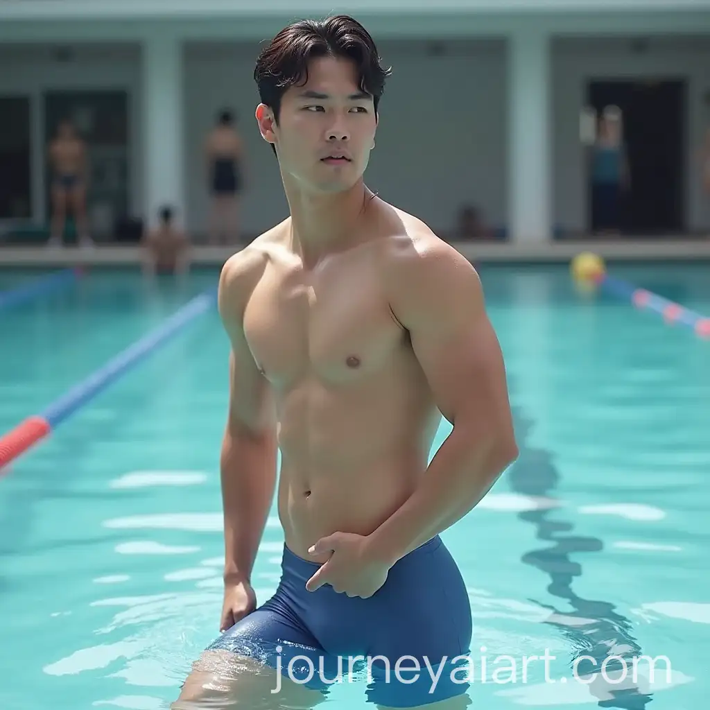 Confident-Korean-Male-Swimmer-in-Swim-Trunks-at-Poolside
