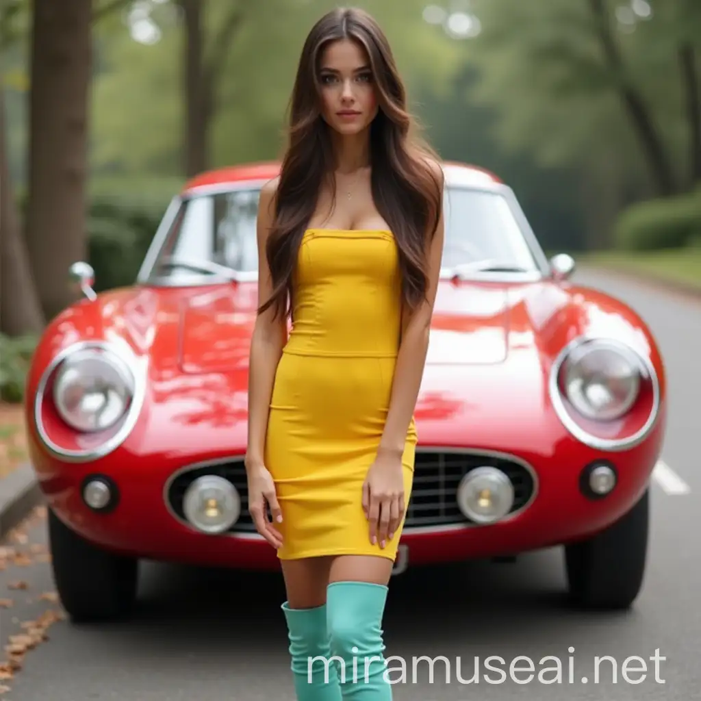 Stylish Young Woman Posing by Classic Red Ferrari