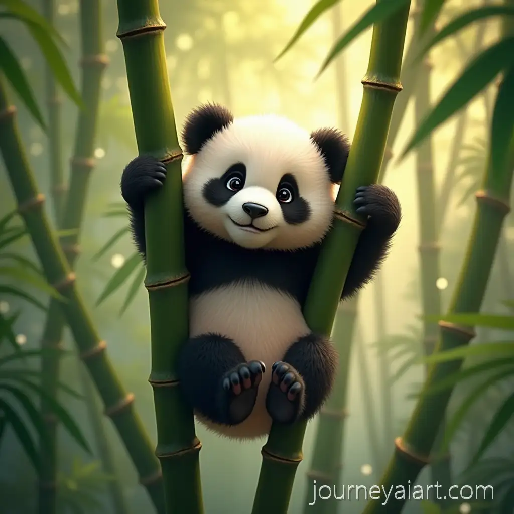 Cute-Panda-Relaxing-on-Bamboo-Tree-in-Serene-Forest-with-Soft-Sunlight