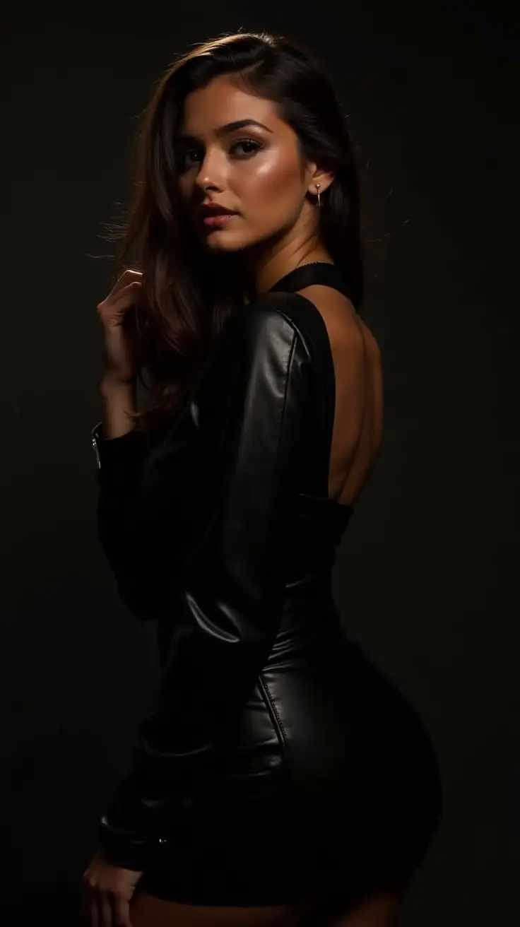 Captivating-Woman-in-Black-Leather-Dress-at-Sultry-Night-Portrait