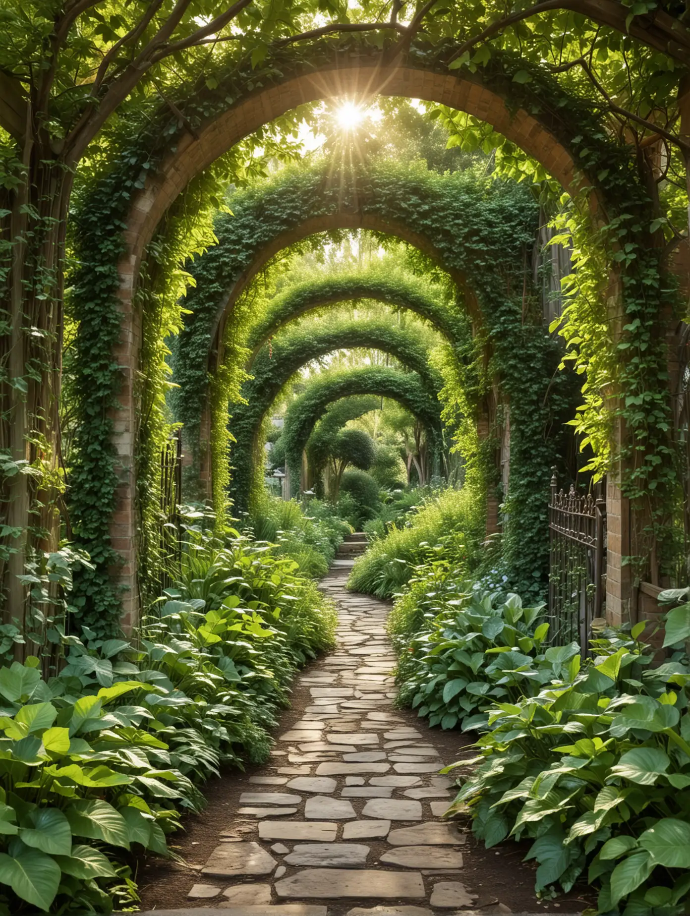 Serene Garden Pathway Surrounded by Lush Greenery