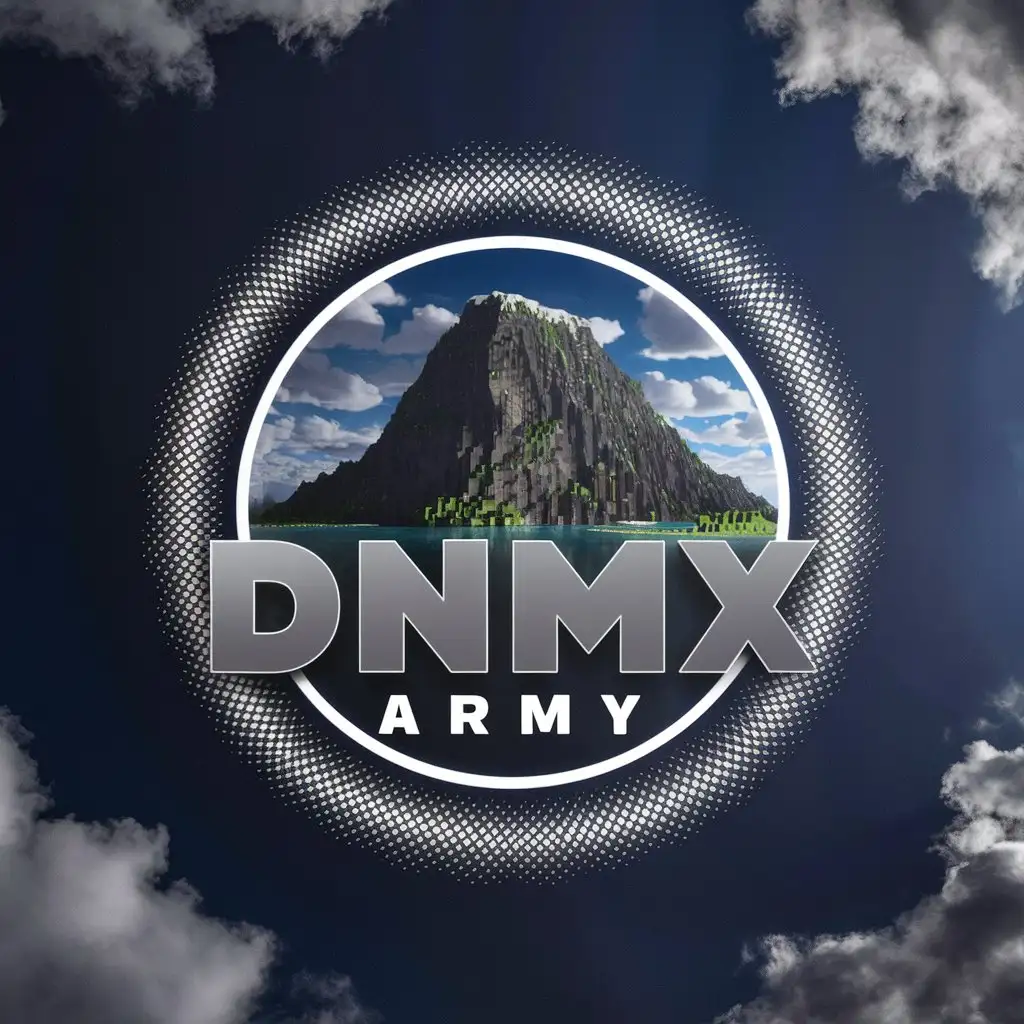 LOGO Design For DNMX ARMY Realistic Minecraft Mountain in 3D Floating in Blue Sky