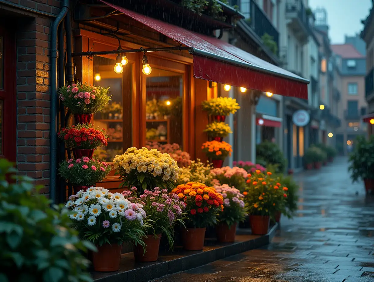 A flower shop in the street corner getting wet in the rain.