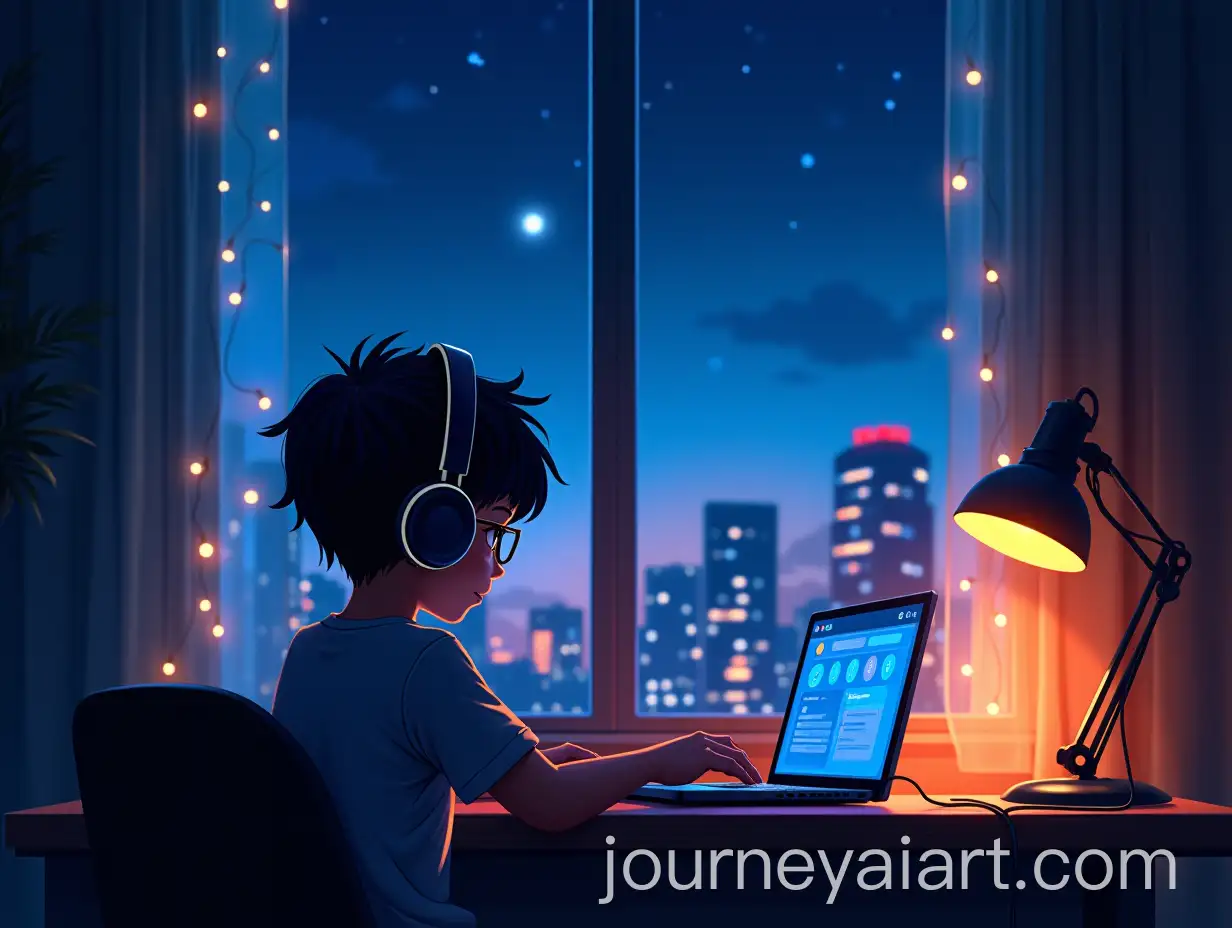 AnimeStyle-Boy-Typing-on-Laptop-at-Night-with-Cityscape-View
