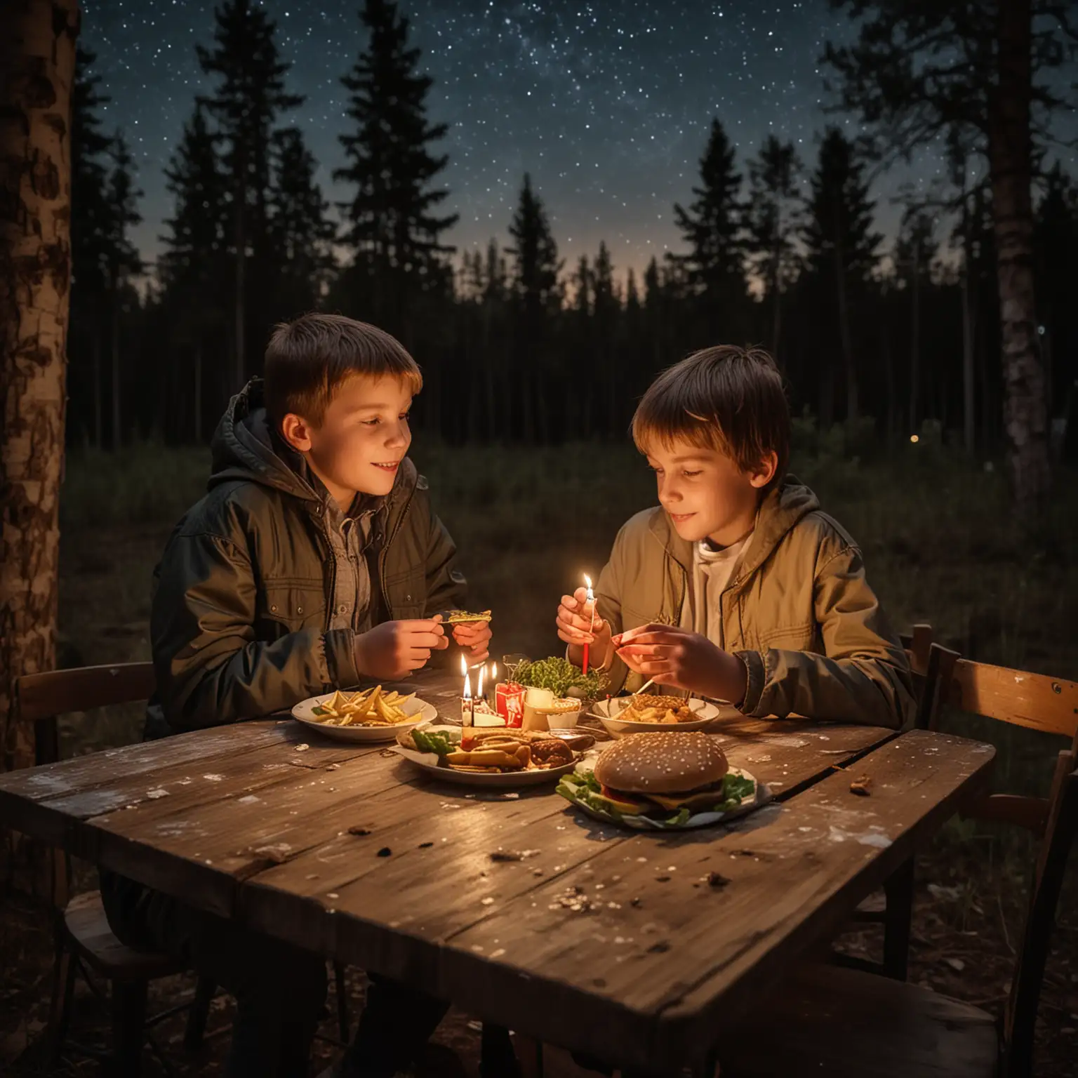 In a forest stands a table. On the table are burgers and fries. There are candles on the table. It is evening and the starry sky is visible. At the table sit a boy and a girl. The boy and the girl are 11 years old. They look in love.