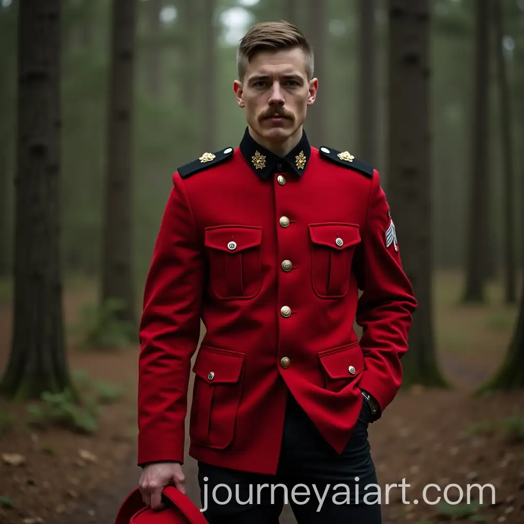 AI-Image-Prompt-ExpansionYoung-Canadian-RCMP-Officer-in-the-Forest-with-Red-Uniform-and-Hat-in-Hand