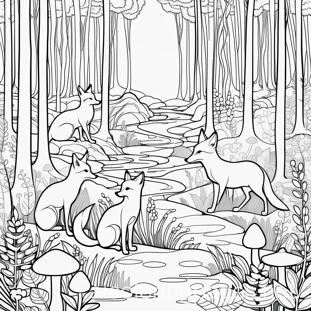 Foxes-Exploring-the-Forest-Floor-with-Mushrooms-and-Birds