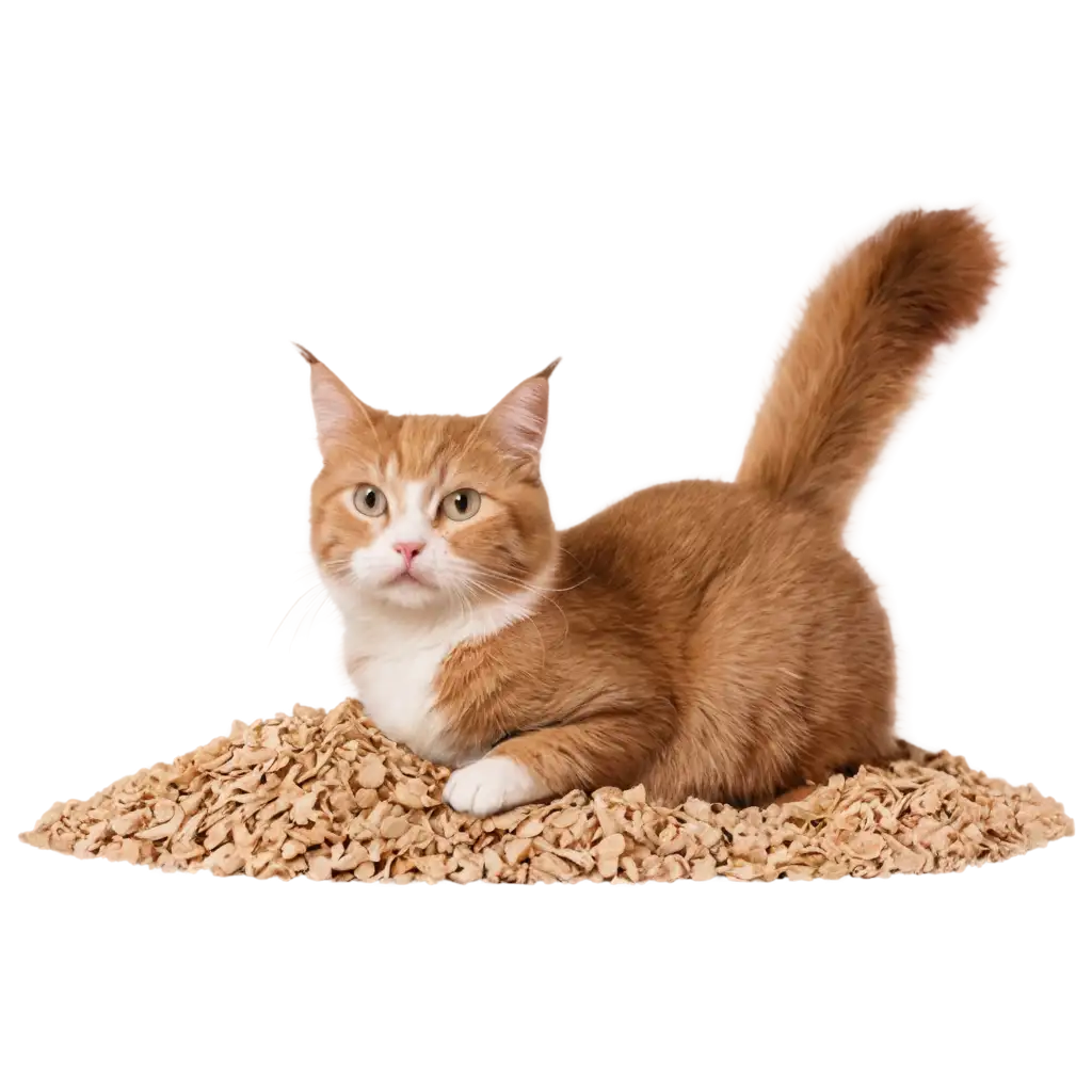 A cat is sitting on its back legs next to a pile of wood chip filling in granules