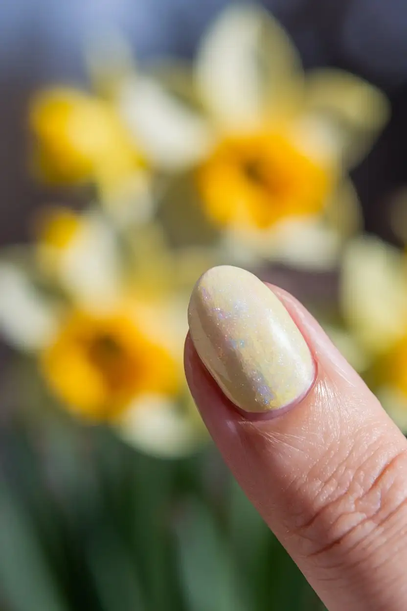 A macro shot of a single fingernail painted in a soft, pastel daffodil yellow. The nail has a subtle shimmer or pearlescent finish, catching the light delicately. In the blurred background, there are out-of-focus images of blooming yellow daffodils in a garden setting. The lighting is soft and warm, emphasizing the gentle beauty of the color.