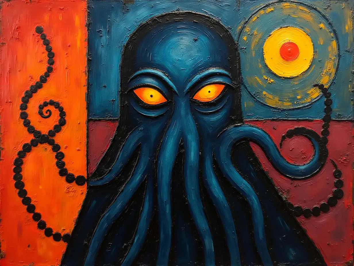 picture in a grid, stripe, simple schematic Cthulhu face, darkness in the style of Kandinsky, Malevich, minimalism, simplified for beginner acrylic painter with many colors, constructivism abstract impressionism