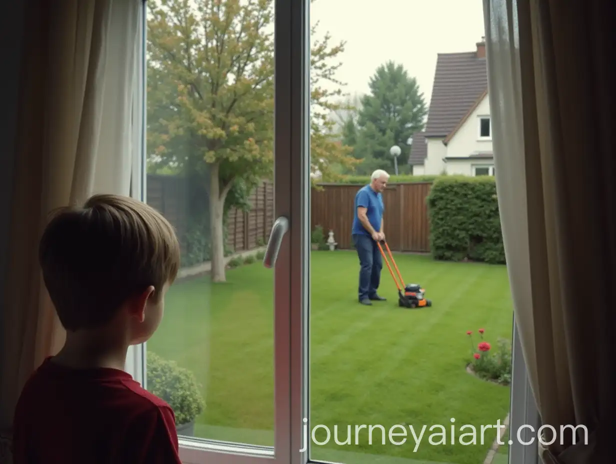 Curious-Boy-Spying-on-Neighbor-Cutting-Grass-with-Walkman-in-Backyard