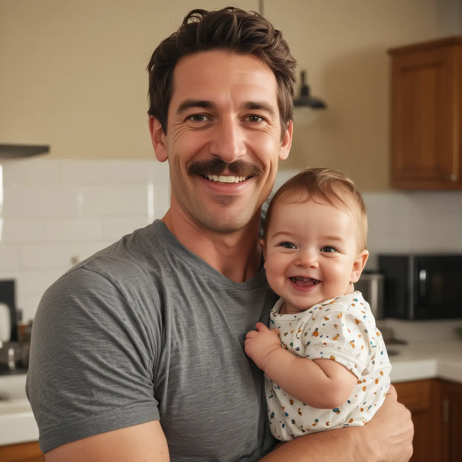 portrait of a grinning 35 year old man with a mustache holding a smiling 1 year old child, in a home kitchen setting, 8k