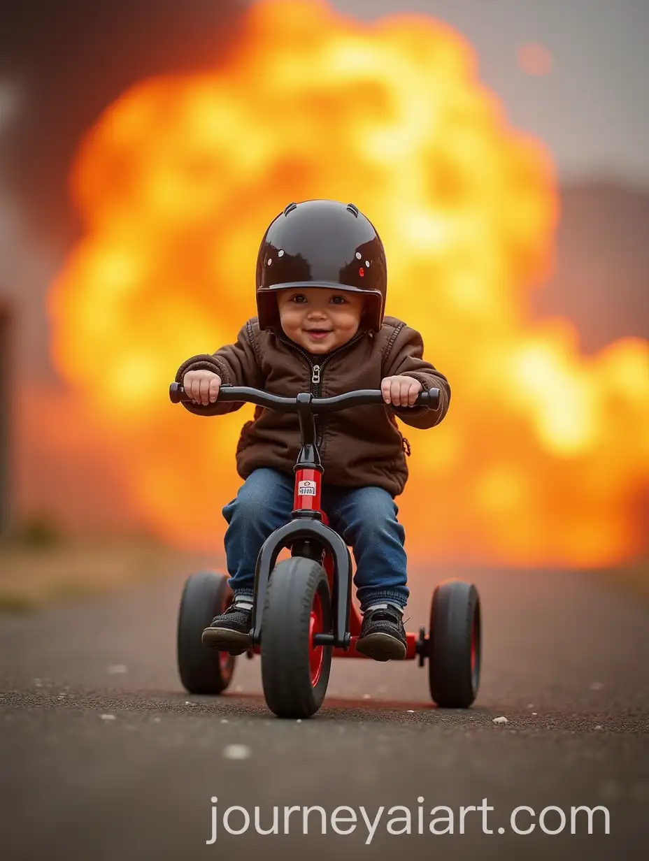 Baby-on-Tricycle-in-Biker-Outfit-with-Explosion-in-Background