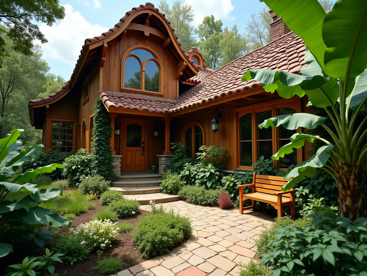 crooked House Garden planting-with wood Stuck, large Windows with Glass to, curved, smooth Window shapes, winding large entrance steps made of Wood Waterfall, Bananas plant complex curved roof,Lanterns,Bench Apple tree 4K resolution bright Colorful superWide-angle shots