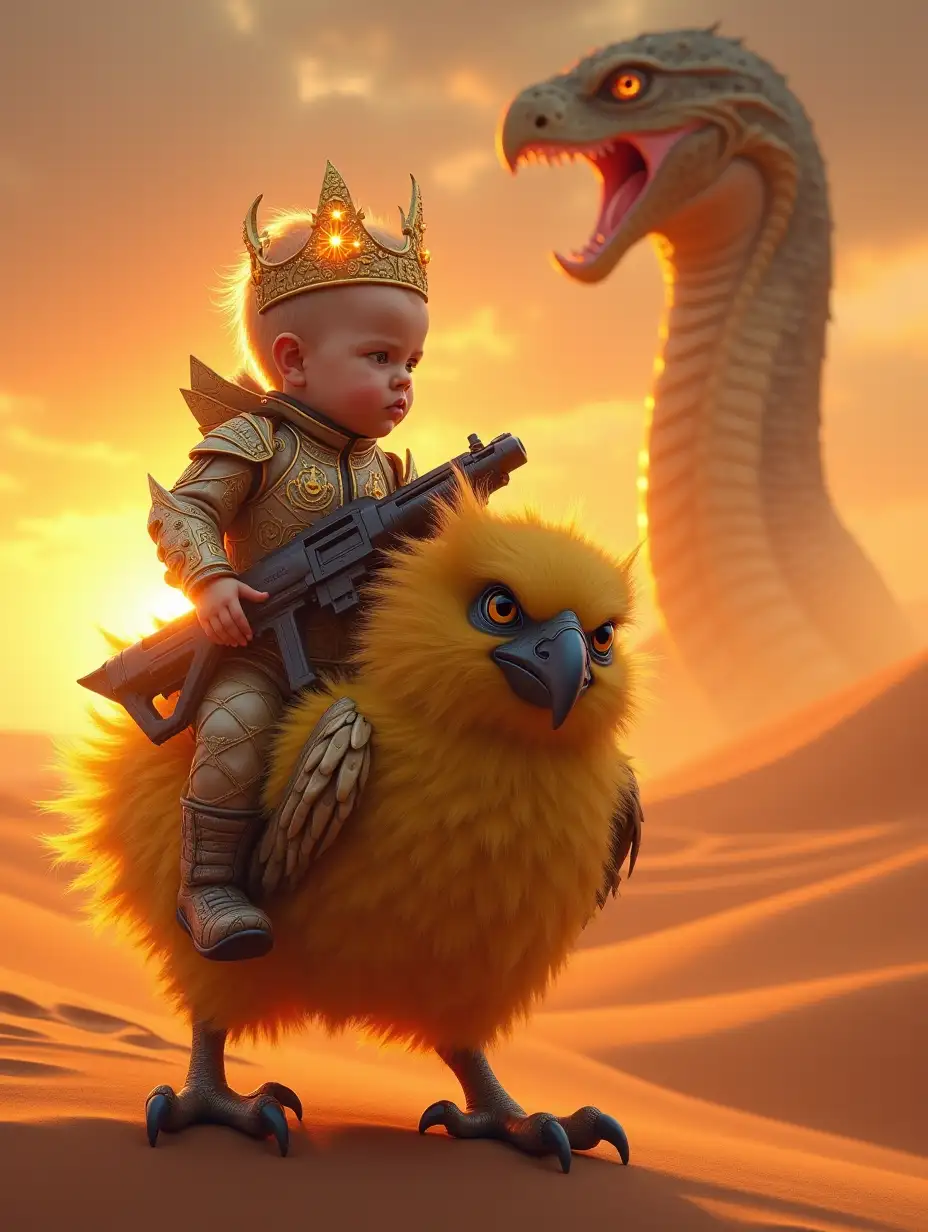 Heroic-Baby-Riding-Mutant-Garuda-in-Mystical-Desert-at-Sunset