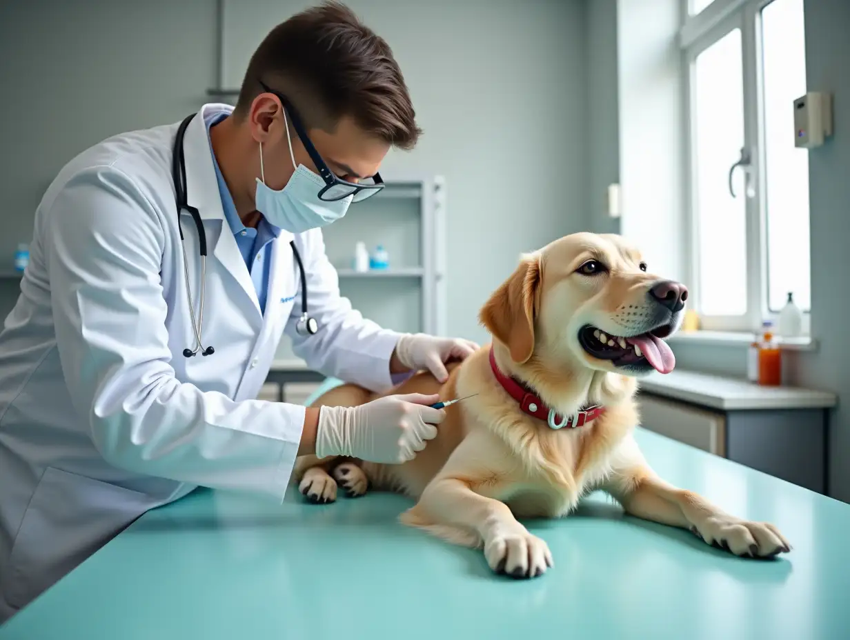 A veterinarian, in a white lab coat and safety glasses, administers an injection to a light golden retriever. Hyperrealistic, bright, well-lit veterinary clinic setting. The dog is lying on a light teal examination table, looking somewhat docile. The vet's hands are precise and gentle. A stethoscope hangs from a neck. The background shows the interior of a modern veterinary clinic; muted gray walls, a window, and other elements of the room are present. Slight blur, focusing on the front, while back parts are slightly out of focus, creates depth in the image. Red collar around dog's neck. Other medical items are visible in the backdrop such as bottles, and possibly gauze or wraps on the table. Natural lighting from a window. A sense of calm and focused professionalism in the scene