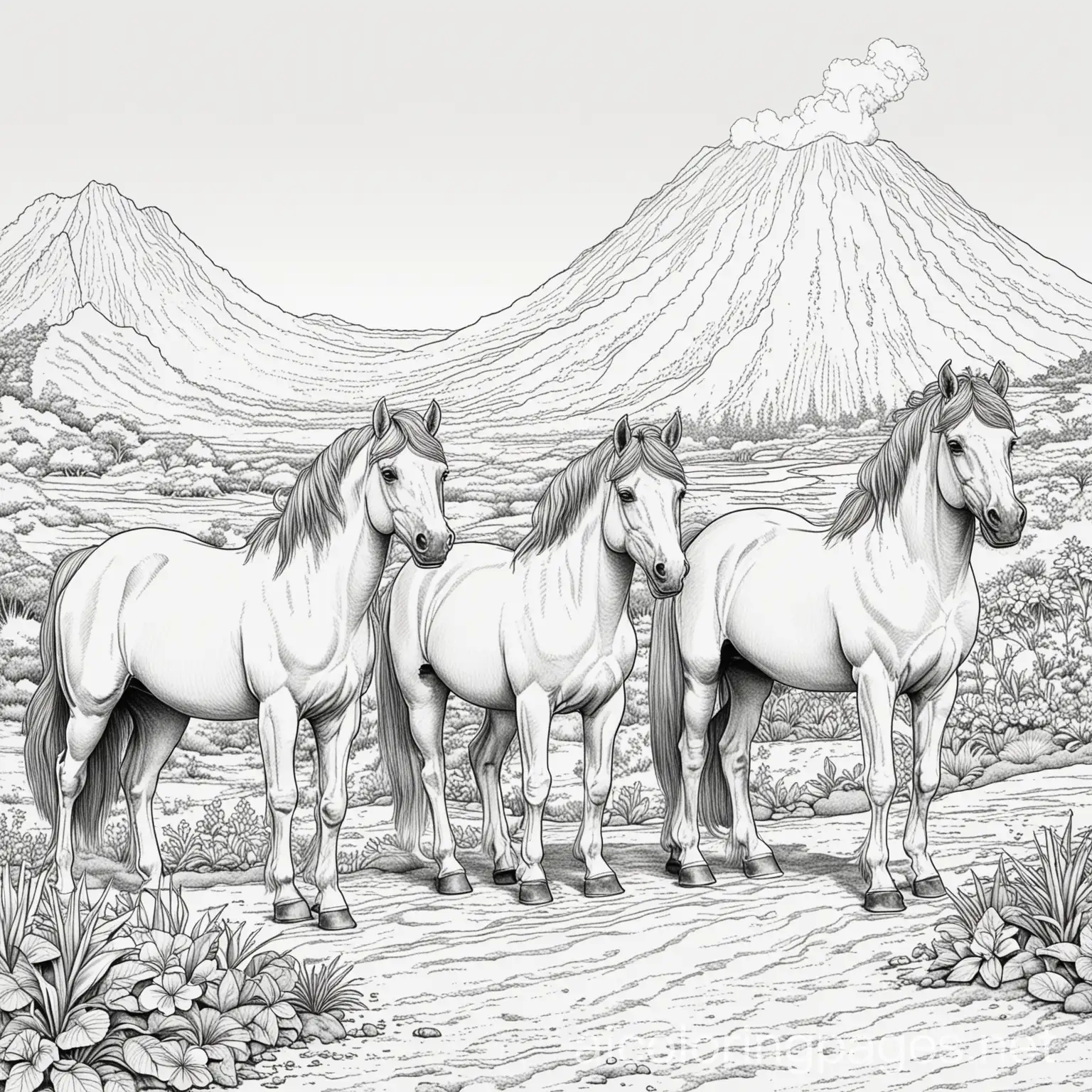 Horses-in-Hawaii-by-Volcano-Coloring-Page