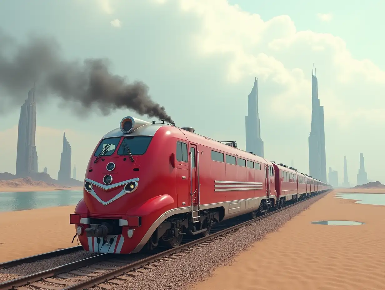 Create a high-resolution realistic image in 4k resolution: a futuristic red locomotive with silver details on tracks, smoke rising up in the desert, with futuristic tall buildings on either side of two lakes under a cloudy sky