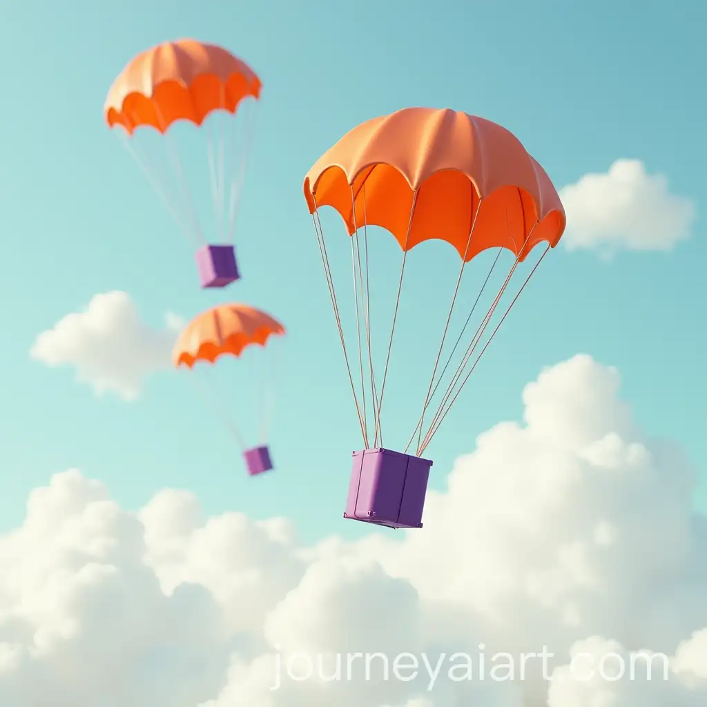 Mini-Orange-Parachutes-with-Purple-Parcels-Falling-from-the-Sky