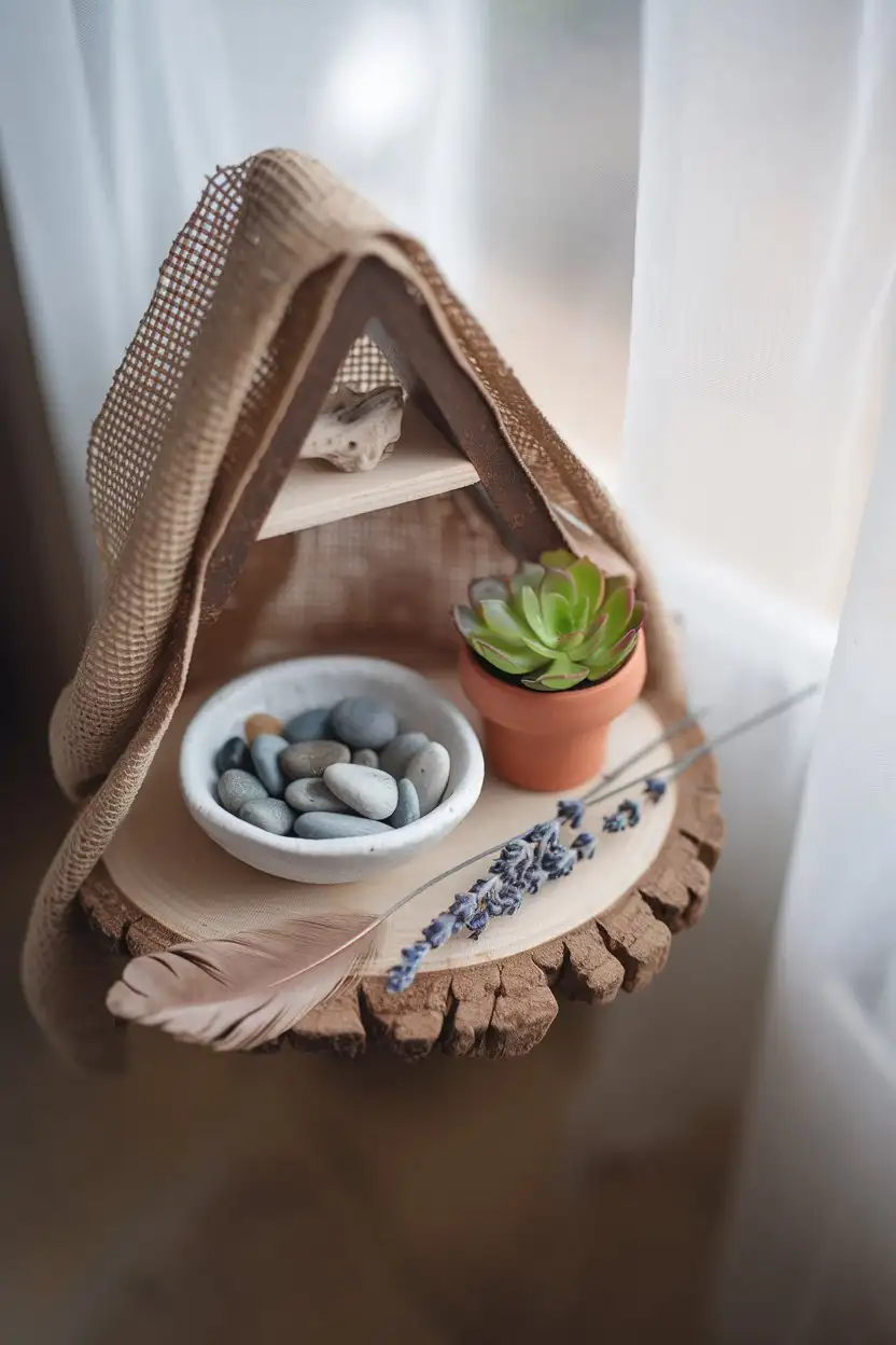 A close-up, eye-level shot of a small, rustic wooden shelf acting as a mini altar. The shelf is draped with a piece of light brown burlap fabric. On the shelf, there is a small, shallow white ceramic dish filled with smooth, grey river stones of varying sizes. Next to it, a small terracotta pot contains a vibrant green succulent plant. A few sprigs of dried purple lavender are scattered nearby, along with a single, light brown feather and a small, weathered piece of driftwood. The background is softly blurred, showing a hint of natural light filtering through sheer white curtains. The overall mood is peaceful and earthy.