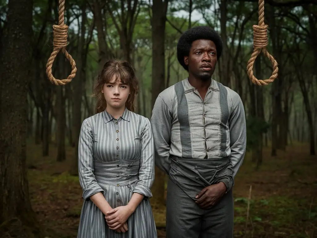 Prisoner Couple Standing in 1800s Texas Forest with Hanging Nooses