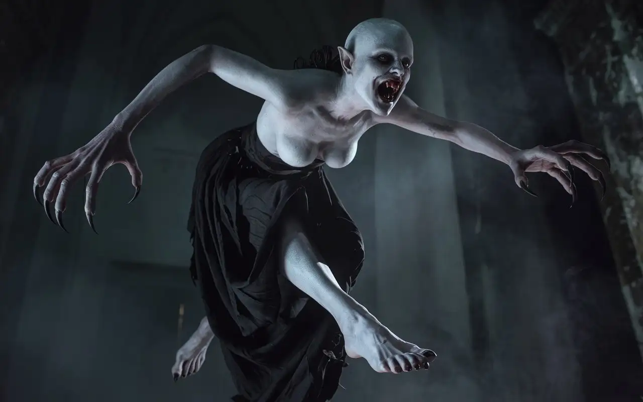 A gothic horror-inspired full-length photograph of a pale-skinned, monstrous vampire woman with elongated limbs and claw-like nails on her hands and feet, featuring curved, sharp toenails. Her mouth is adorned with sharp, jagged fangs, creating an unsettling and grotesque appearance. She is dressed in dark, flowing black clothing, barefoot, evoking an eerie and ominous atmosphere. The vampire woman is depicted mid-action, lunging forward with her arms outstretched, aiming to grasp her prey face-to-face, her body language exuding predatory intent. The composition captures her from a low-angle perspective, emphasizing her towering and menacing presence. The lighting is dim and shadowy, casting a dramatic contrast between her pale complexion and the surrounding darkness, enhancing the horror vibe. The background is shrouded in mist and decay, with faint hints of crumbling architecture, reinforcing the macabre setting. The style is reminiscent of classic gothic horror illustrations, with intricate details in her clothing and textures, creating a chilling and immersive visual experience.