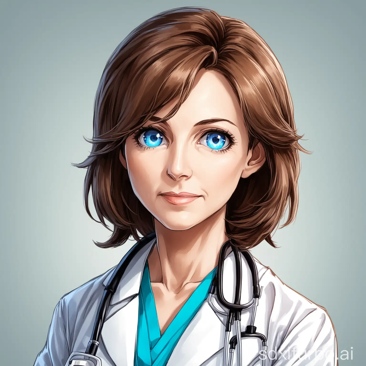 female doctor, brown hair, 30 years, blue eyes