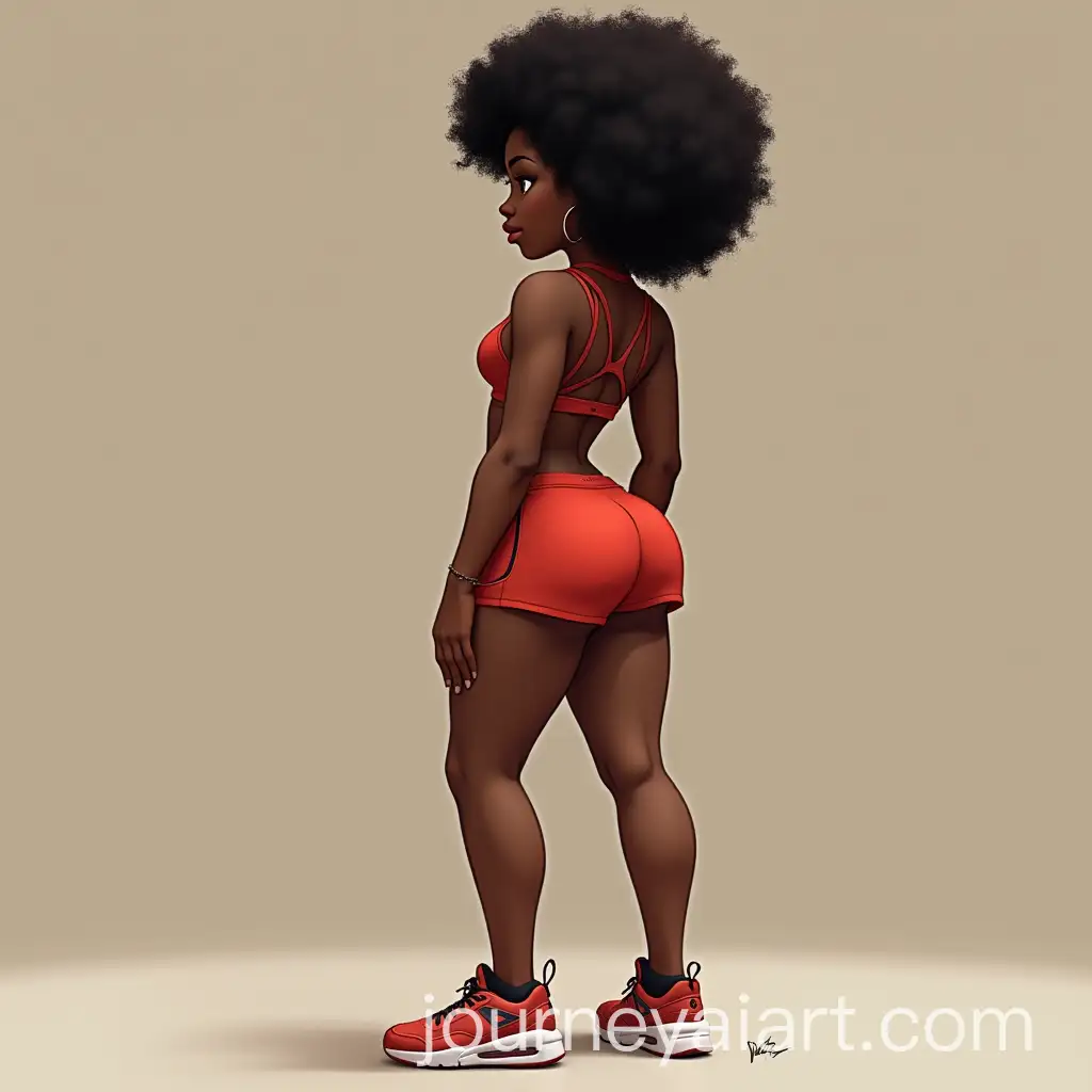 Ebony-Woman-with-Thick-Legs-in-Mini-Shorts-and-Sports-Shoes-Facing-Back