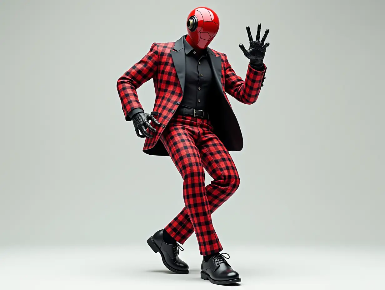 Create a high-resolution, realistic image of a robot, a fashionable red and black checkered suit, leather shoes and striking a pose in 4K resolution.