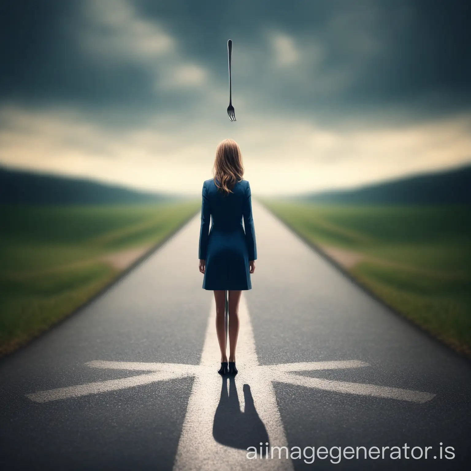 She is standing at a fork in the road, looking into the distance, where two paths lead to different directions, symbolizing a turning point in career choices, with a blurry background that highlights the character's confusion and longing for the future.