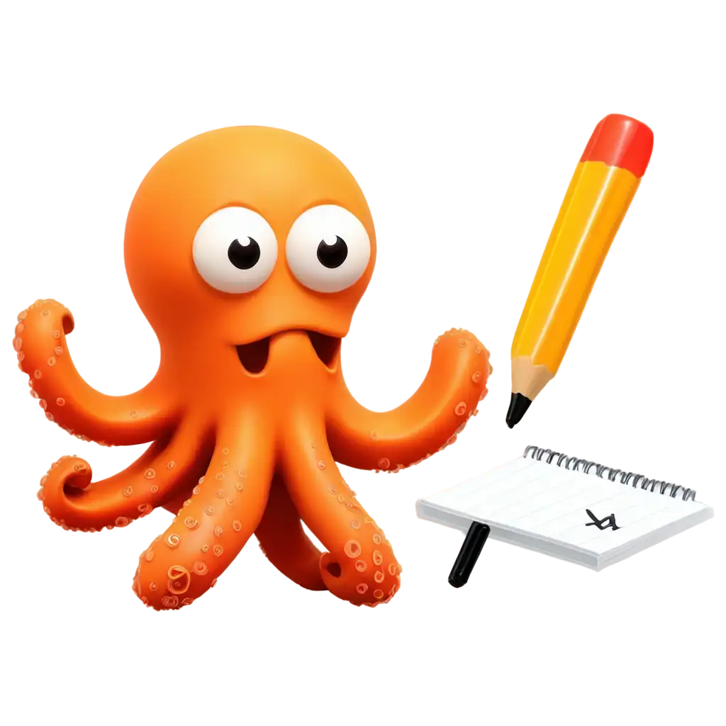 Cartoon-Happy-Octopus-PNG-Image-with-Pencil-Writing-on-Notebook