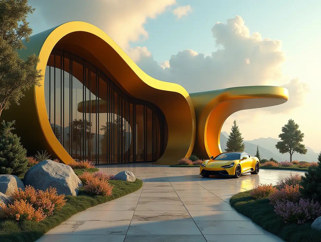 Create a high-resolution realistic image in 4k resolution a futuristic gold-black building with curved columns, trees, rocks, flowers a futuristic yellow vehicle with glass window cloudy sky