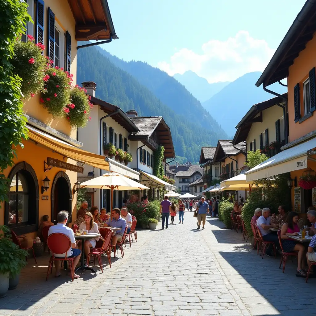 Charming-Village-Scene-in-the-Swiss-Alps-with-Caf-Terrace-on-a-Sunny-Day