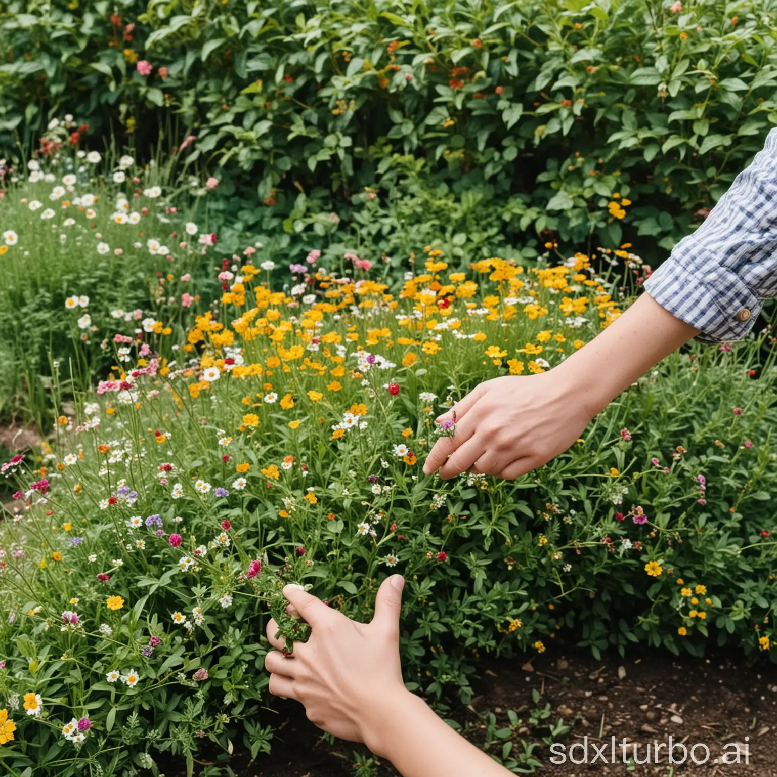 A person is picking flowers in the garden