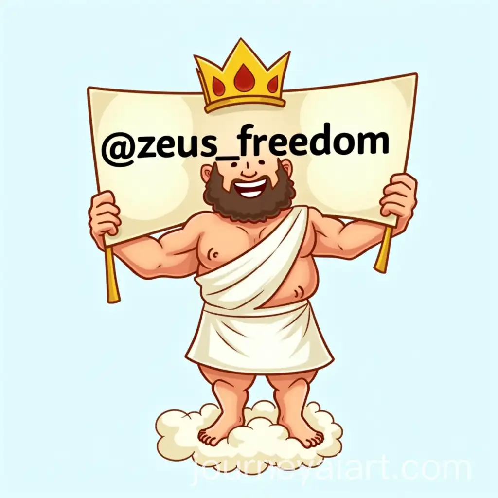 Cartoon-Zeus-with-a-Golden-Crown-Holding-a-Sign-on-a-Cloud