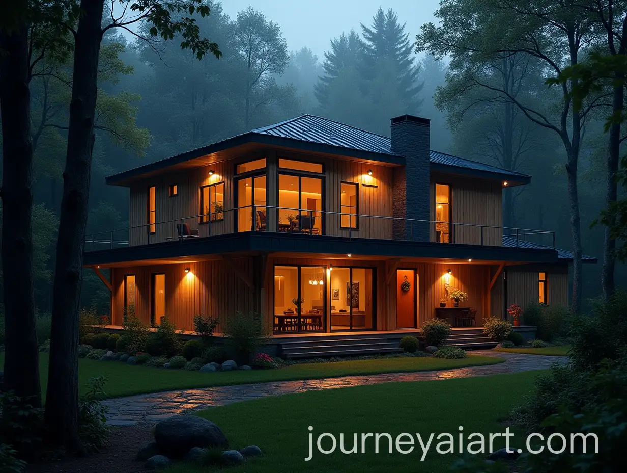 Cozy-2Storey-Modern-Building-in-the-Forest-During-Rainy-Evening