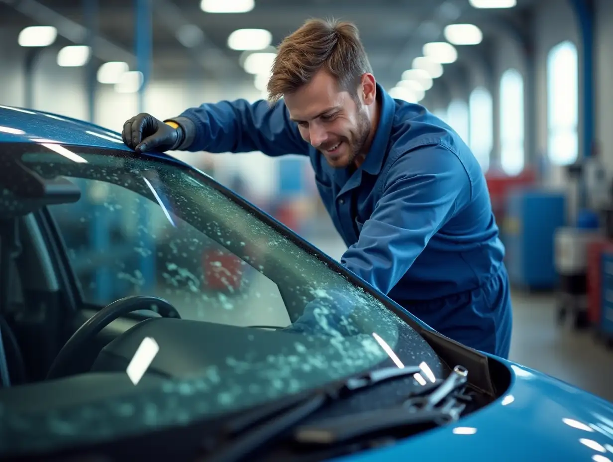 Create a professional and appealing photo for a windshield replacement website, showing the process of windshield replacement on a car, featuring a technician in a clean workshop, with tools visible, bright lighting highlighting work details, a car with a partially removed windshield, conveying speed and quality of service, and space for the company logo in the corner.