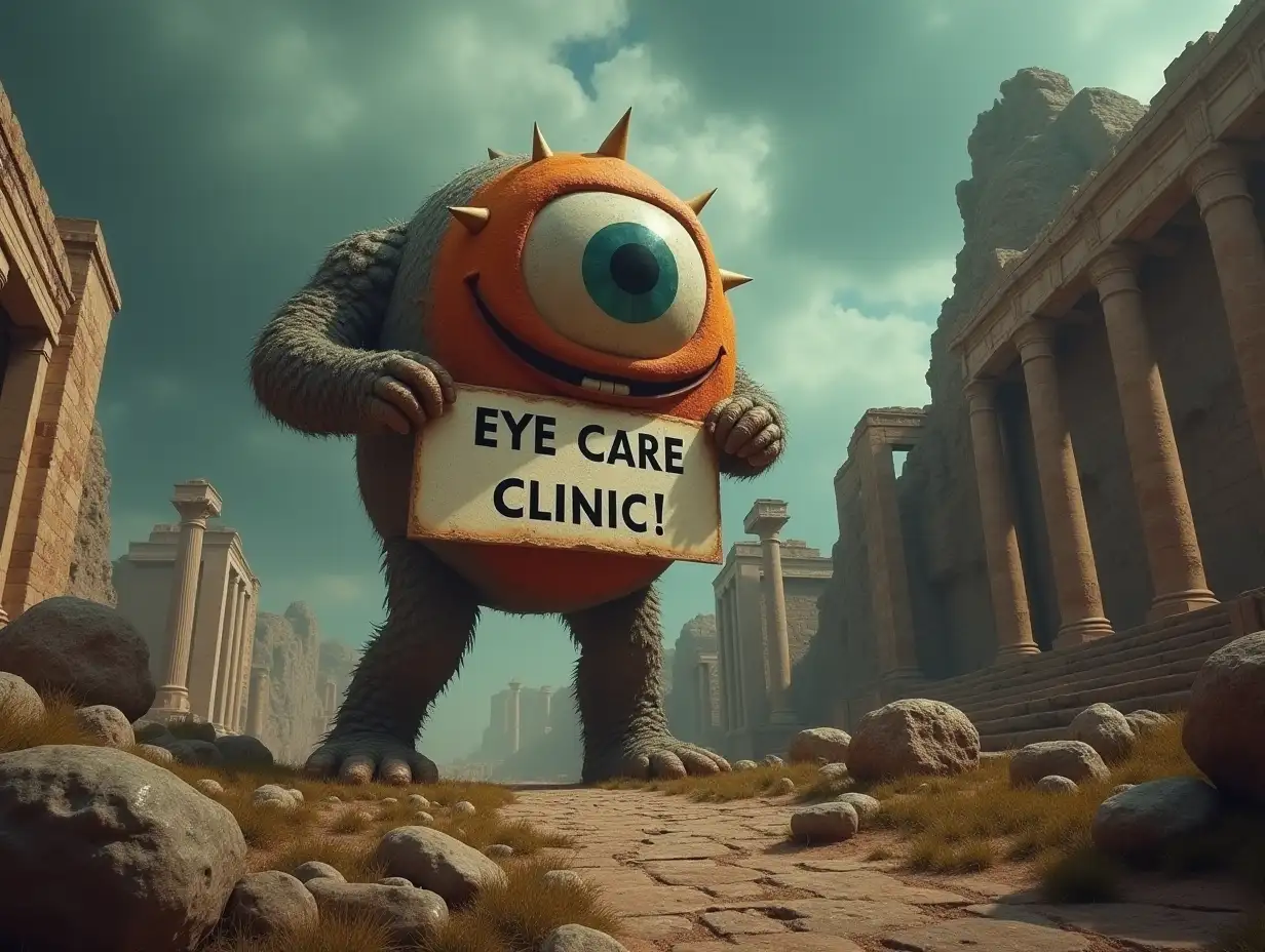 Long shot scenic professional photograph of a monstrous cyclops standing tall among ancient ruins, cheerfully holding a large banner: 'Eye Care Clinic!', perfect viewpoint, highly detailed, wide-angle lens, hyper-realistic, moody ancient sky, polarizing filter, natural lighting, earthy vibrant colors, exceptionally sharp focus, HDR, UHD, 64K