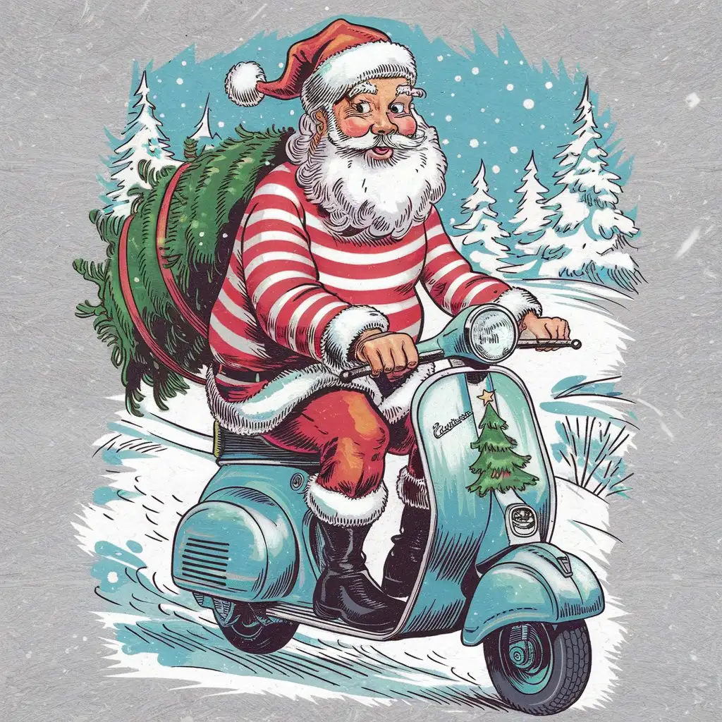 A vintage-style pencil sketch illustration, graphic design of a colorful and funny santa claus on scooter. the whole illustration, graphic design is very colorful and crisp for t-shirt print. dont crop the image the entire design must be visible, full-body design, the whole illustration must be visible