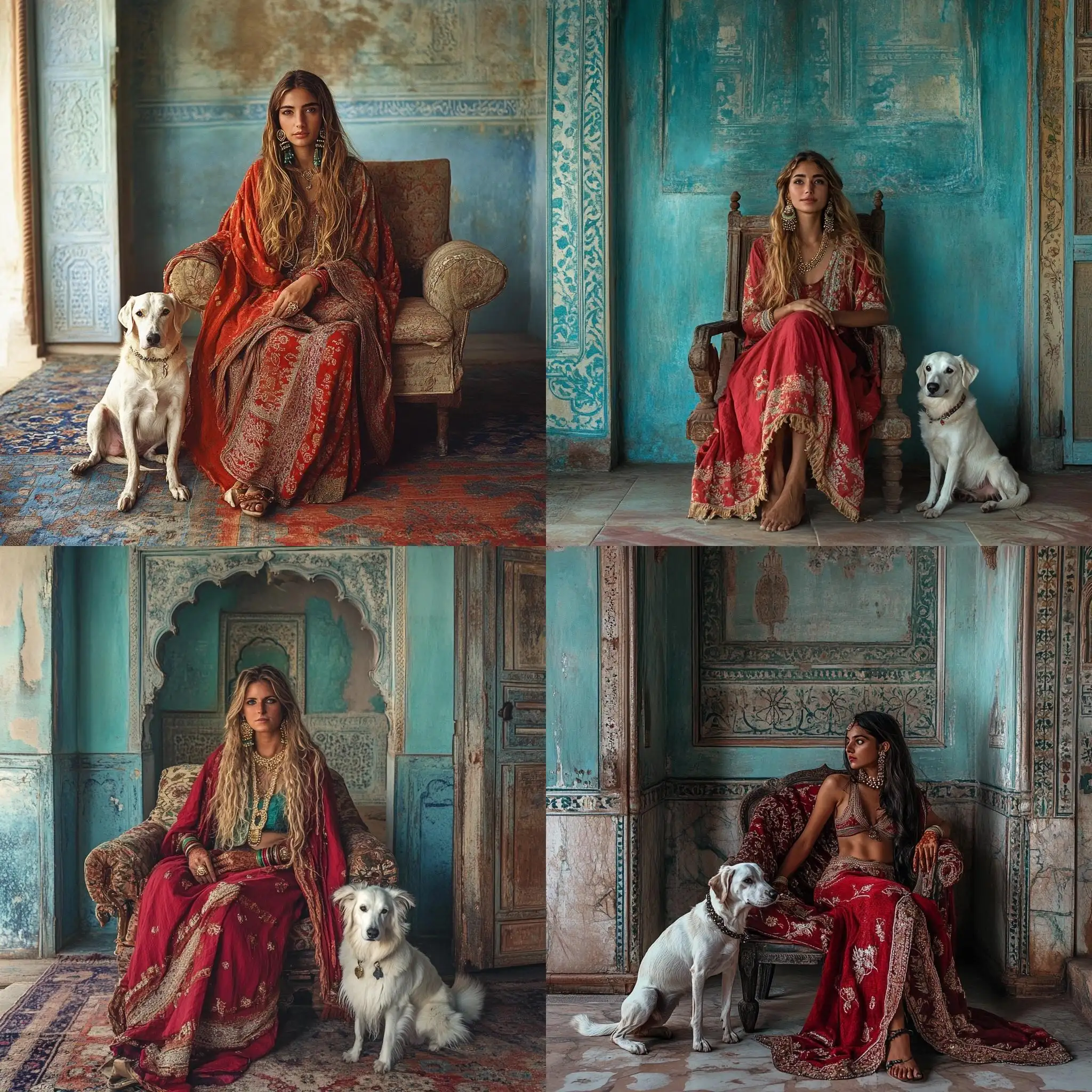 Hippie-Woman-with-Jewelry-and-White-Dog-in-Rajasthan-Palace