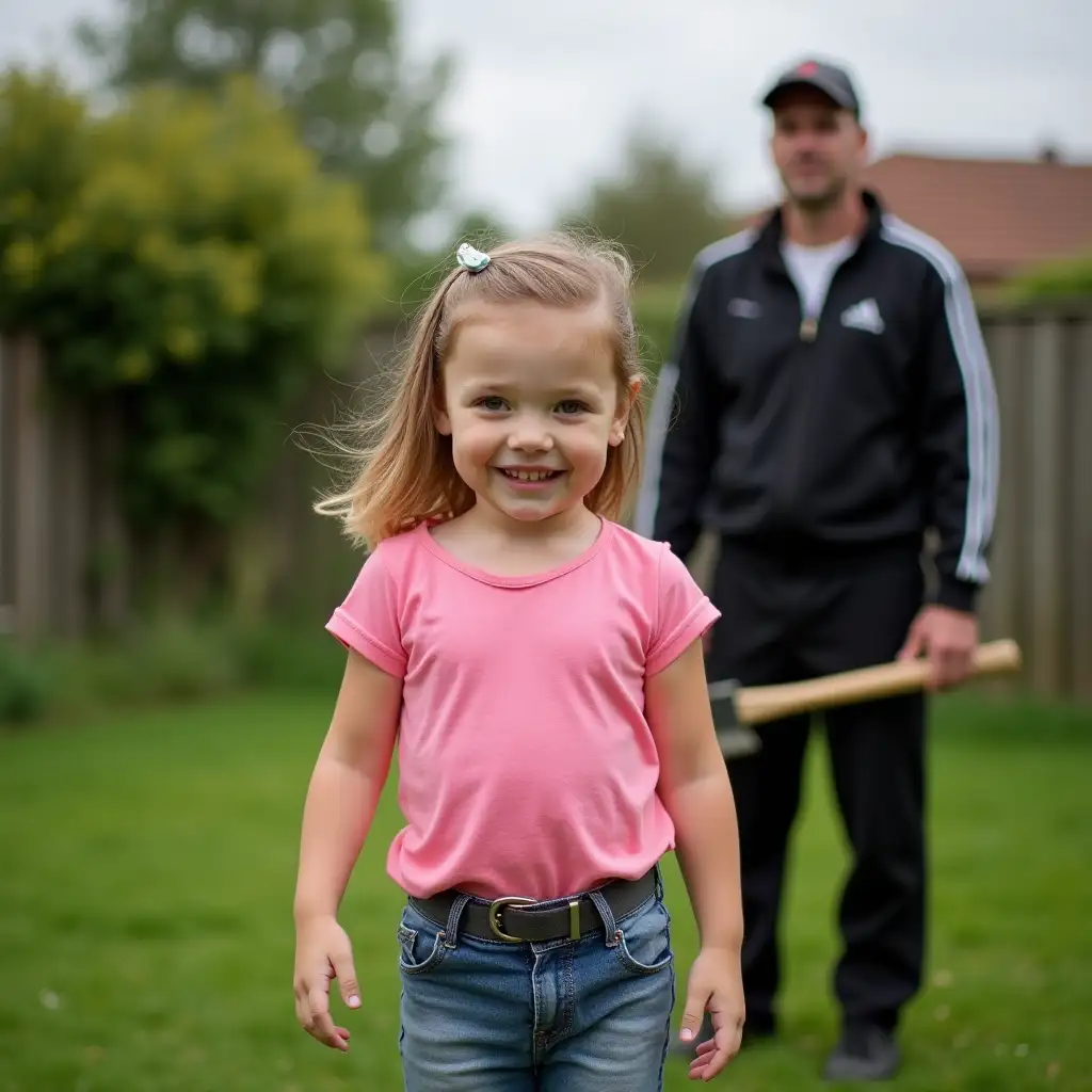 3-year-old Polish girl is standing in a garden. She is wearing a pink shirt and short jeans. She happily smiles at the camera. In the background, there's a 44-year-old man in a black tracksuit and baseball cap. He holds an axe.
